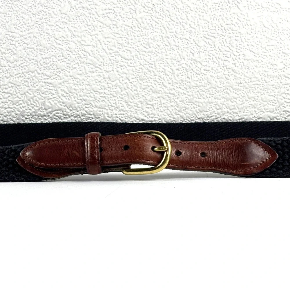 John Henry Woven Surcingle Belt Mens 36 Navy Blue Brown Leather Brass Classic